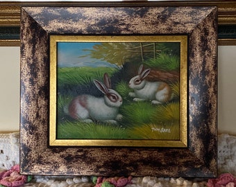 French Country Provence Ornate Framed Oil Painting Bunny Rabbit