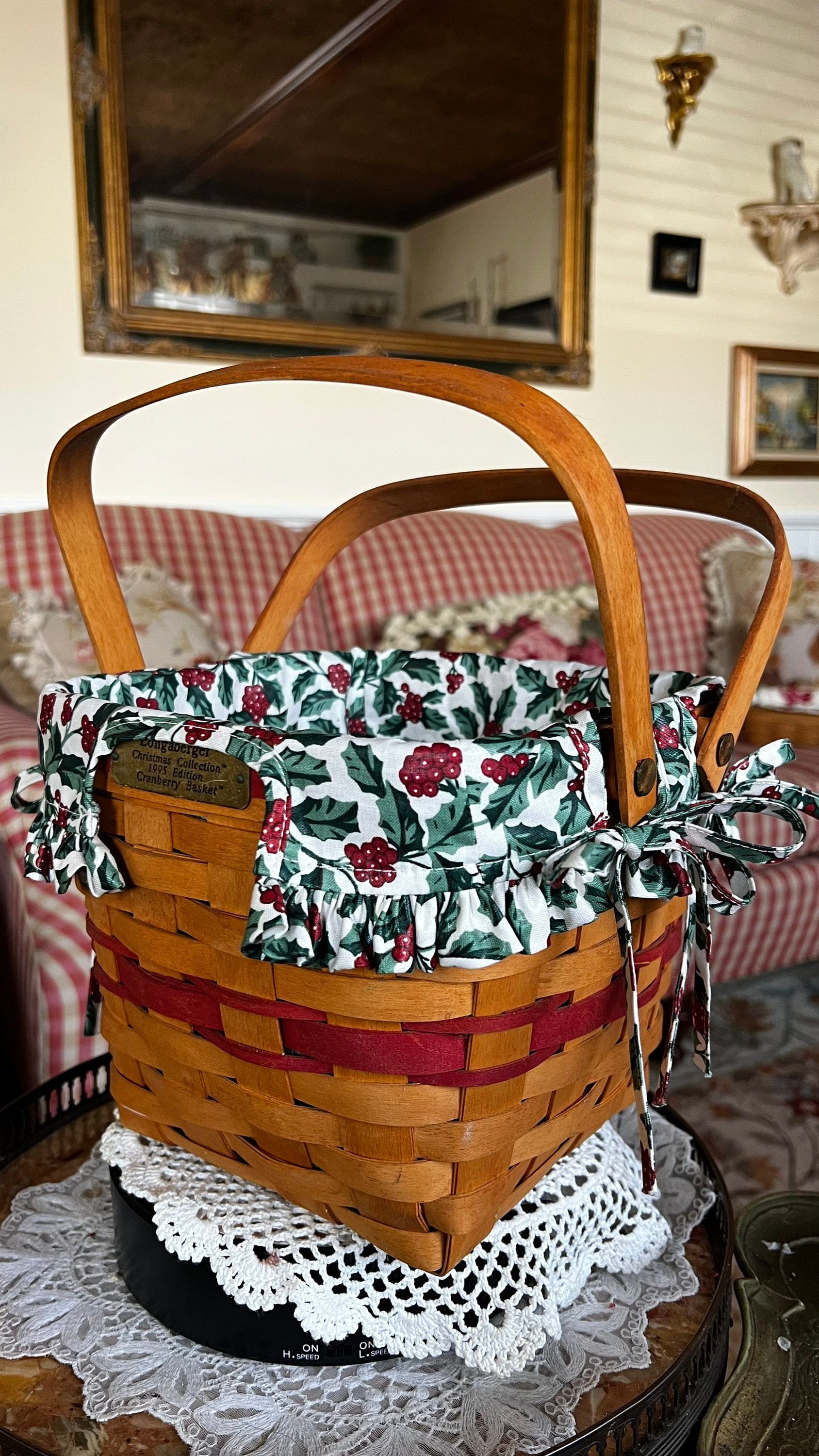 Longaberger Basket ライナー＆栞付・アンティーク シャビー Longaberger Classic Fabric Liner and Plastic Cover Basket With