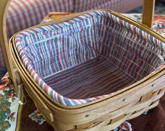 Country Longaberger Stripes Fabric Liner with Plastic Liner Picnic Handle Basket
