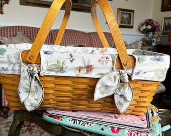 Country Farmhouse Longaberger Handle Basket with Plastic Liner and Fabric Floral Protector