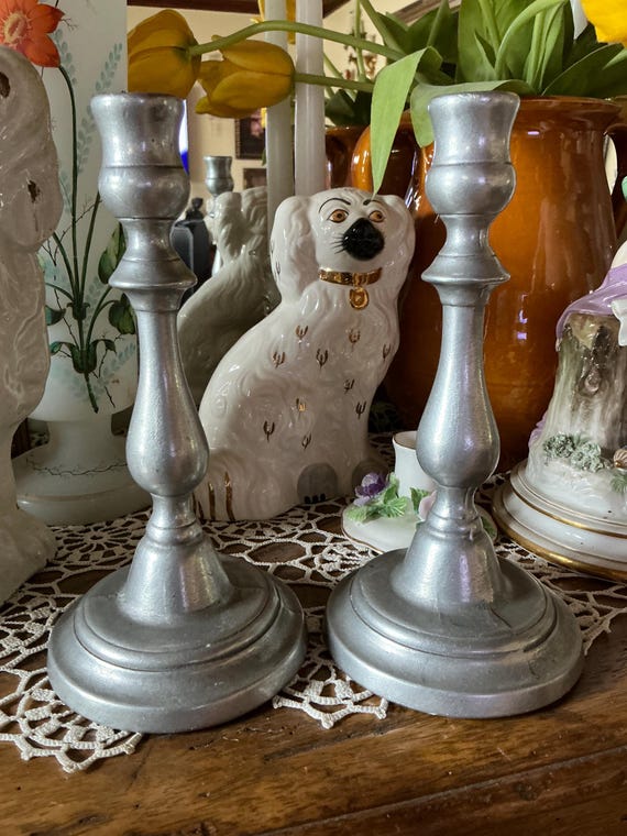 French Country Classic Provence Pewter Pair Candleholder Sticks