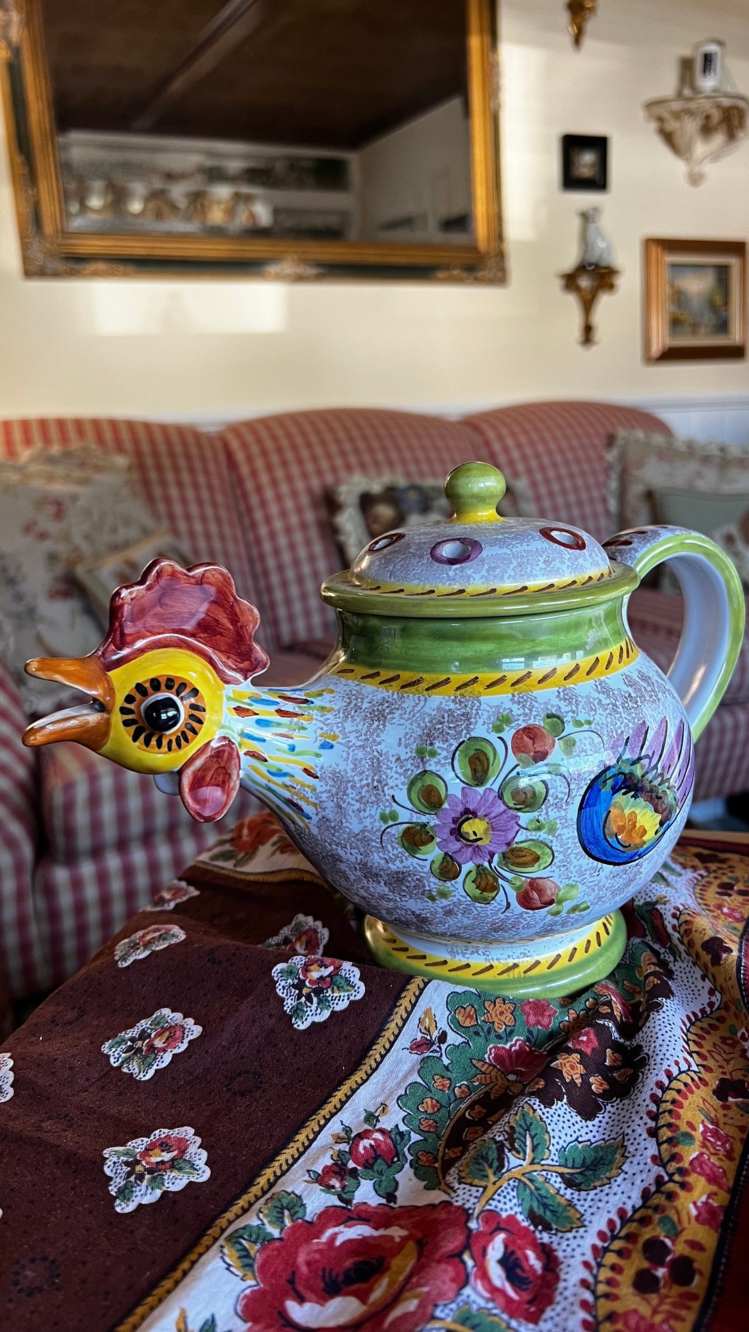 Whimical European Italian Potttery Hand Painted Floral Rooster Teapot