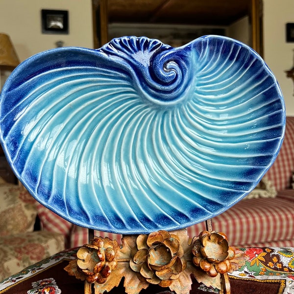 Whimsical Nautilus Sea Shell Olfaire Majolica Tray Bowl Dish