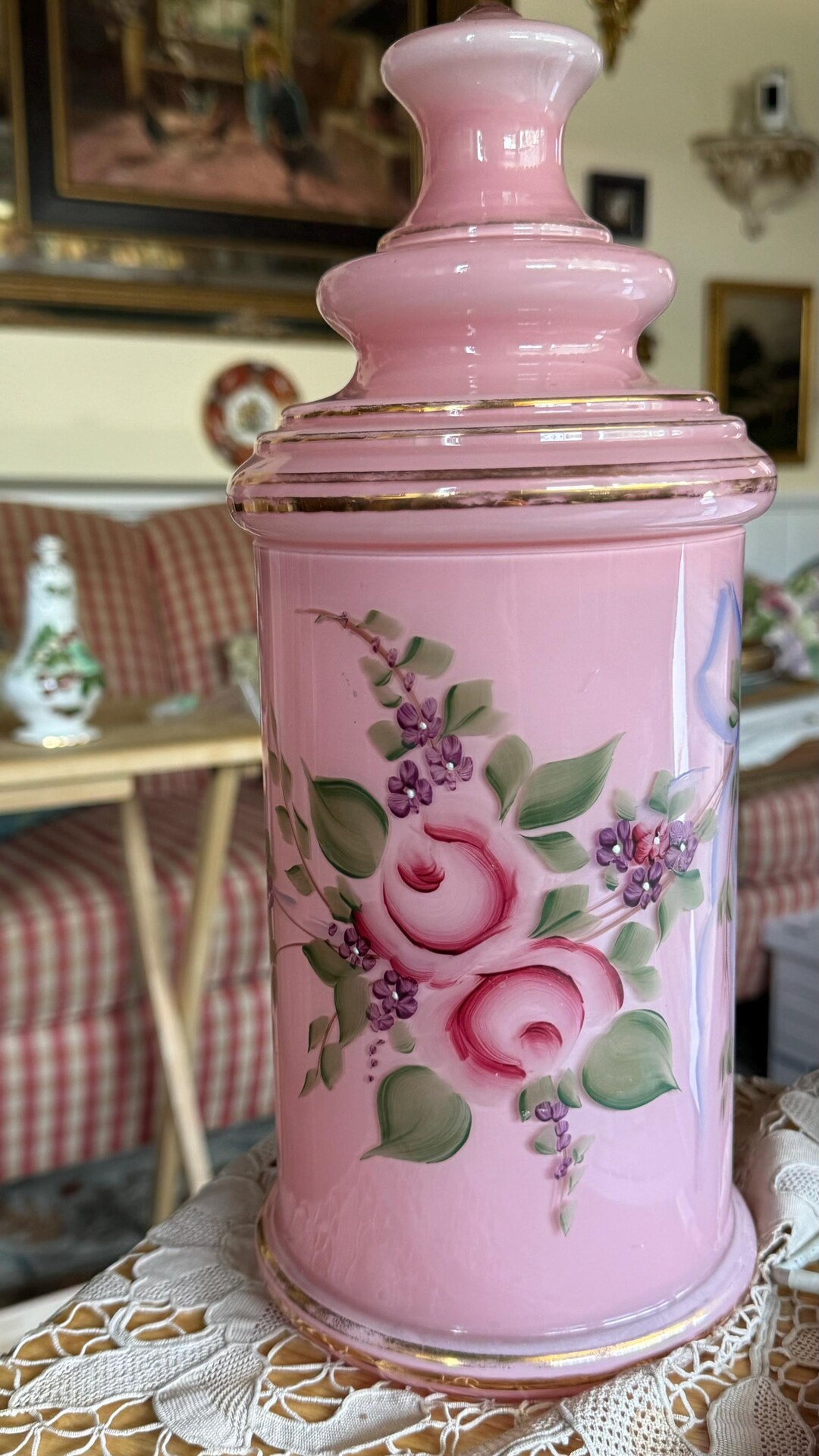 Antique Shabby Chic Hand Painted Roses Pink Glass Apothecary Jar Vase ...