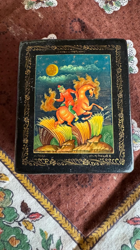 Whimsical Handpainted Russian Black Lacquer Box of Rare Man With