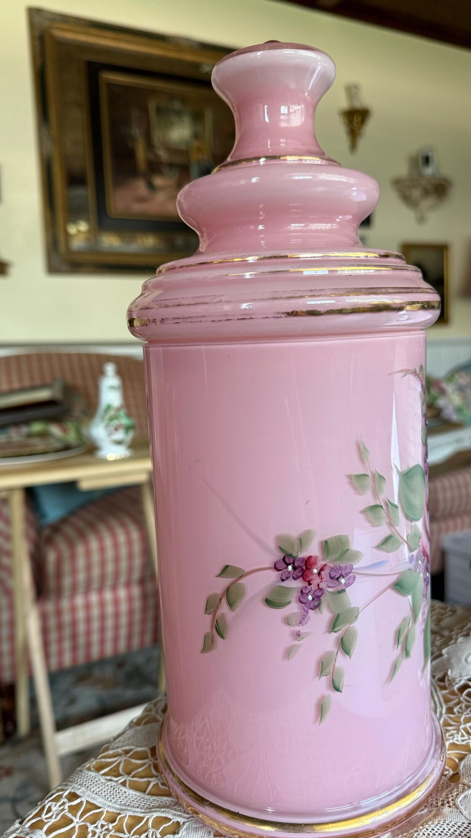Antique Shabby Chic Hand Painted Roses Pink Glass Apothecary Jar Vase ...