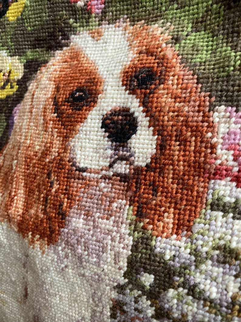 Puede incluir: Primer plano de un tapiz de punto de aguja con un perro Cavalier King Charles Spaniel marr&oacute;n y blanco sobre un fondo floral.
