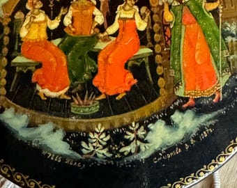 Caprichosa caja de laca negra rusa pintada a mano de rara cosecha del rey con hijas