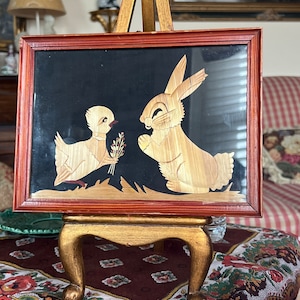 European Hand Carved Wood Inlay Od Duck and Bunny Rabbit Art