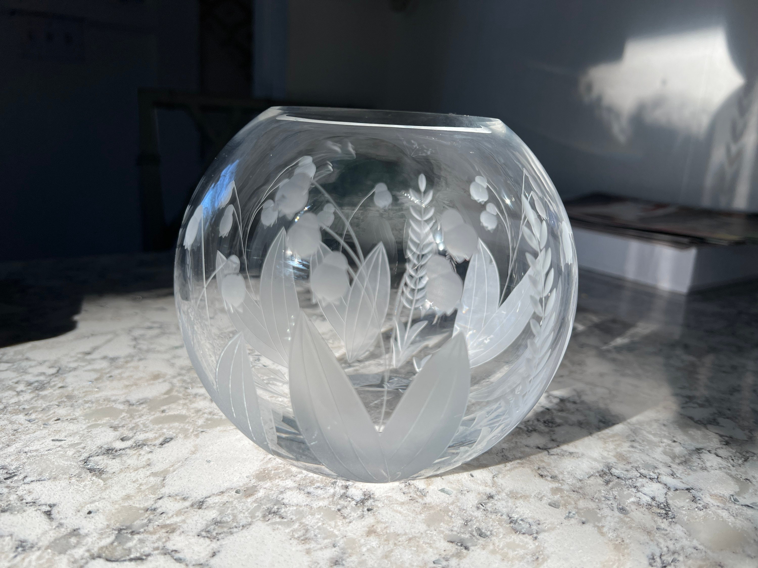 Tiffany and Co Lily of the Valley Crystal Etched Glass Round Bowl