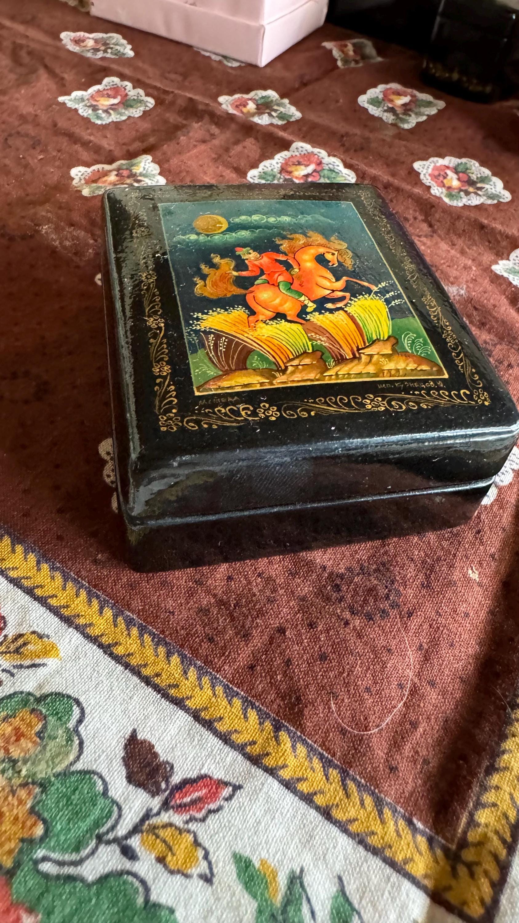 Whimsical Handpainted Russian Black Lacquer Box of Rare Man With