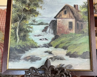 Peinture originale pays anglais à l'huile sur toile Cottage avec moulin encadrée, oeuvre d'art signée Kelly
