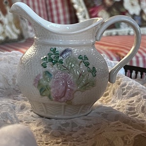Ireland Belleek China Vintage Floral Rose Thistle & Shamrock Pitcher Creamer