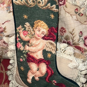 A Victorian Country Needlepoint Christmas Stocking Angel Cherub