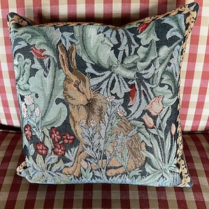 English Country Art and Crafts William Morris Bunny Rabbit Tapestry Pillow