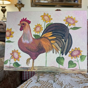 Arte francés de la gallina del gallo de la pintura al óleo de la granja del país