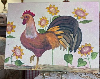 Peinture à l'huile de ferme de campagne française art de coq de poule