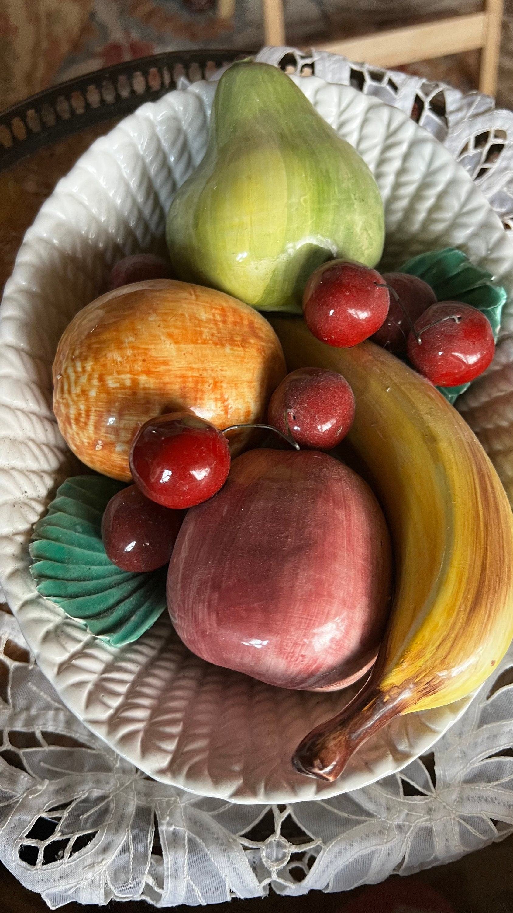 European Italian Capodimonte Oval Basket Weave Ceramic Faux Fruit