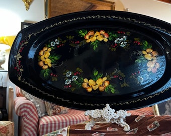 Country Romantic Shabby Chic Tole Floral Oval Tray