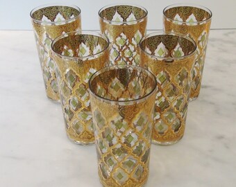 Set of 6 Culver Valencia 22 kt Gold Green Highball Tumbler Glasses Signed