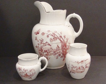 Antique Brown Ironstone Pitchers and Vase from the Aesthetic Movement / Transferware