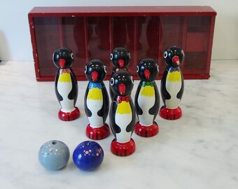 Vintage Wood Penguin Bowling Set with Original Wood Box