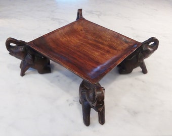 Carved Wood Square Tray with Elephants