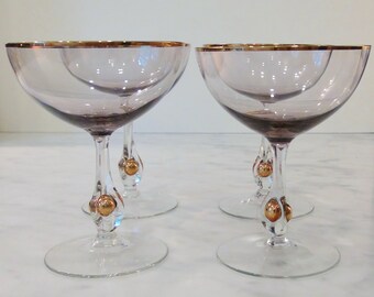 Set of 4 Mid Century Amethyst Coupe Champagne Glasses / Jozef Stanik / Zuzana Hand Blown Glass