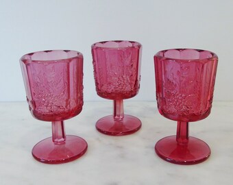 Set of 3 Vintage Westmoreland Ruby Red Goblets with Grapes and Leaves