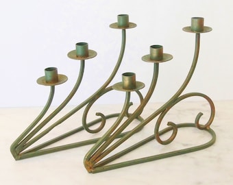 Vintage Pair of Iron Candelabras / Sage Green and Gold / Centerpiece