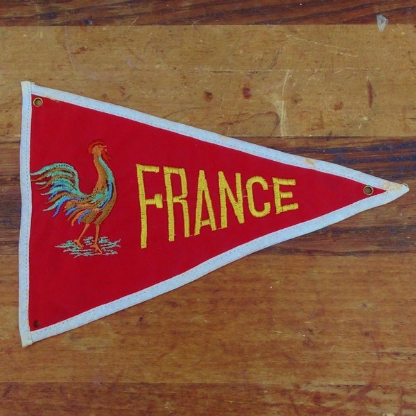 Vintage French Pennant / Flag / Embroidered Rooster / Embroidered French Flag