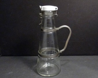 Vintage Decanter / Wavy Pitted Glass / Porcelain Cap with Steel Handle