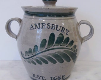 Vintage Stoneware Crock with Lid / Amesbury, Mass. Est. 1668