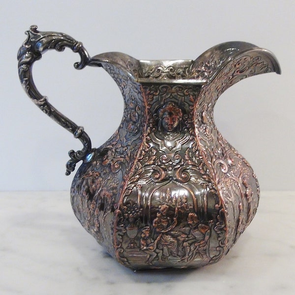 Antique 1800s E.G. Webster Silver Plated and Copper Repousse Pitcher