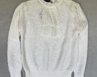 Vintage Retro 1970s Le Roy Knitwear Sweater L Cream Knit Crochet Jabot Collar