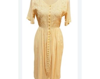 Vintage Together Dress M Yellow Gauze Embroidered Midi Renaissance Peasant Boho