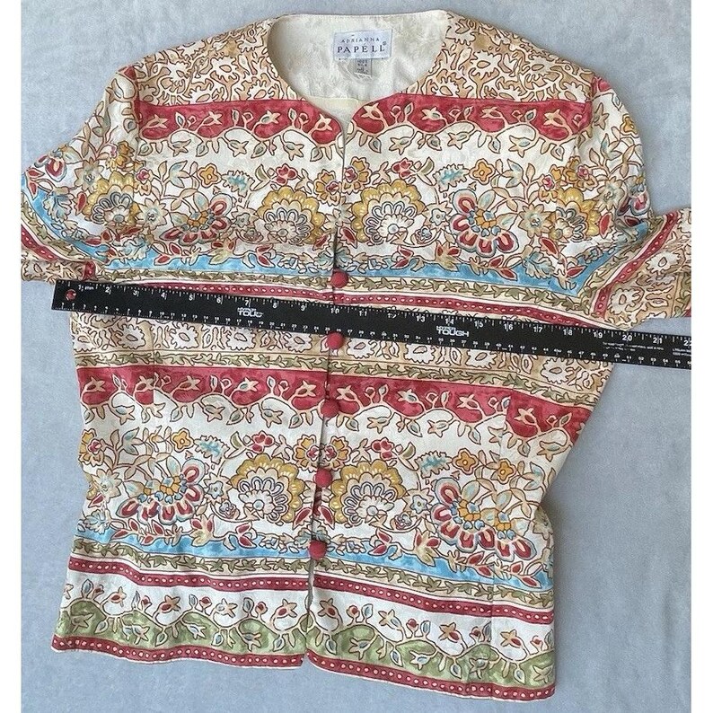 Vintage Adrianna Papell Blazer 100% Silk Jacket Womens 8 Tan Paisley Button Up image 5