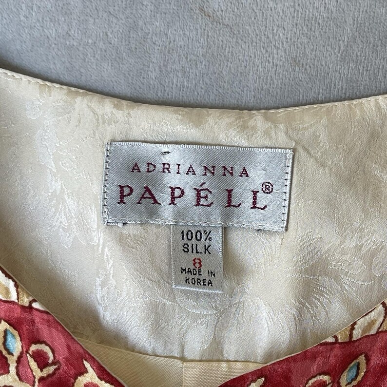 Vintage Adrianna Papell Blazer 100% Silk Jacket Womens 8 Tan Paisley Button Up image 3
