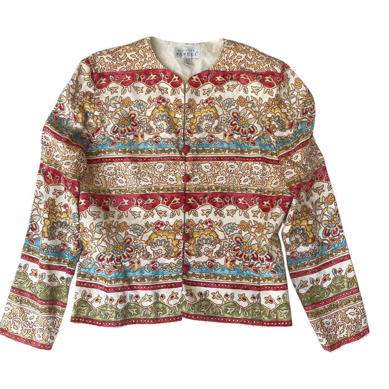 Vintage Adrianna Papell Blazer 100% Silk Jacket Womens 8 Tan Paisley Button Up image 1
