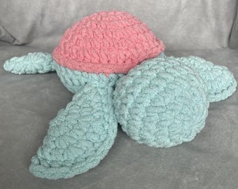 Crochet Turtle Pink Green Sparkles 12" x 13" Handmade Strawberry Pink Lemonade