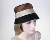 Vintage Women 39 s Three Color Linen Pillbox Hat - Mid Century Hat - Retro Hat - Pillbox - Black, Tan, Brown - Audrey Hepburn Style Hat
