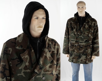Abrigo cruzado de camuflaje para hombre, marca American Rag CIE, estilo vintage - Talla XXL - Capucha con cremallera extraíble - Forrado - Abrigo para clima frío - Prenda de abrigo