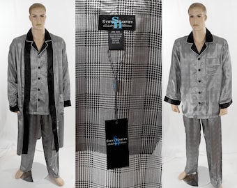 Conjunto de bata y pijama de seda de la colección de celebridades de Steve Harvey - NUEVO EN CAJA - 100% poliéster - Tela satinada negra/blanca - Bata grande/Pijama mediano