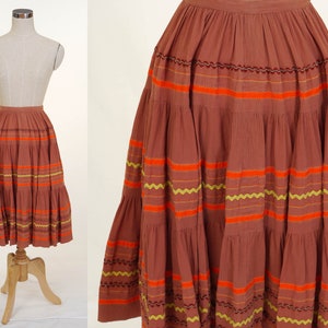 Vintage 1980s Southwest Style Circle Skirt Brown, Orange, Yellow Circle Skirt Unlined Western Skirt Waist 24 Patio Skirt image 1