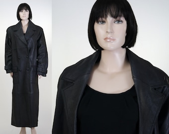 Vintage Women's Black Leather Maxi Coat - Together Leather Coat - Size 14 - Large Lapels - Leather Buttons - Fully Lined - Double Breasted