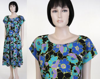 Vintage 1960s Women's Dress / Handmade / Blue Floral Dress / Silk Dress / Summer Dress / Never Worn / Church Dress / Flowers