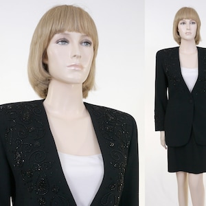 Vintage Talbots Petite Black Suit - 2 Piece Suit - Beaded Jacket - Women&#39;s Suit - Black Suit - Fully Lined Suit - 100% Wool - Size 4