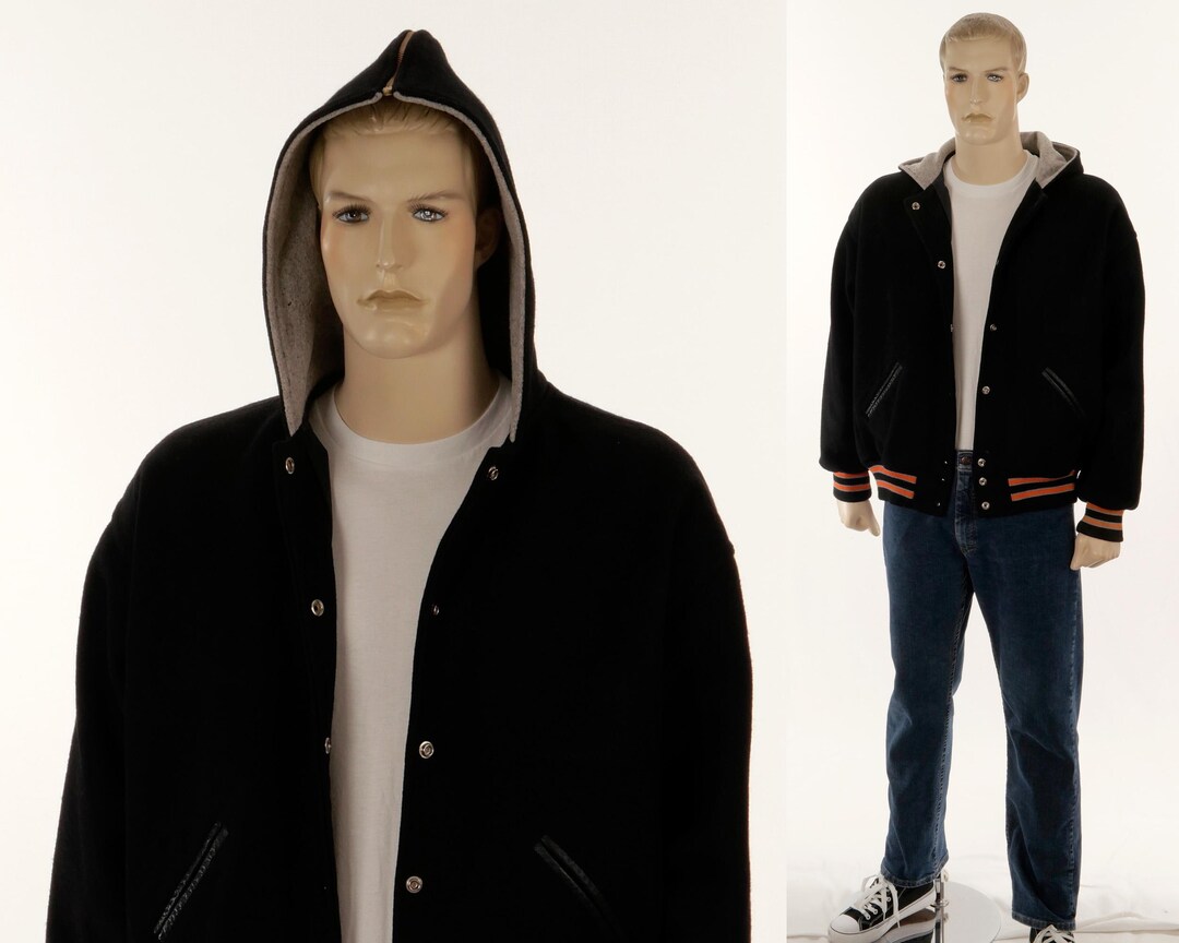 46 Rond Jacket Man Vintage Hooded Varsity Jacket - Size 46 Chest - Black W/orange - 7 Snap ...
