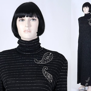 Vintage 1980s Women&#39;s Black Metallic Knit Dress - Silver Stripes - Maxi Dress - Rhinestone Detail - Cowl Neck - Knit Gown