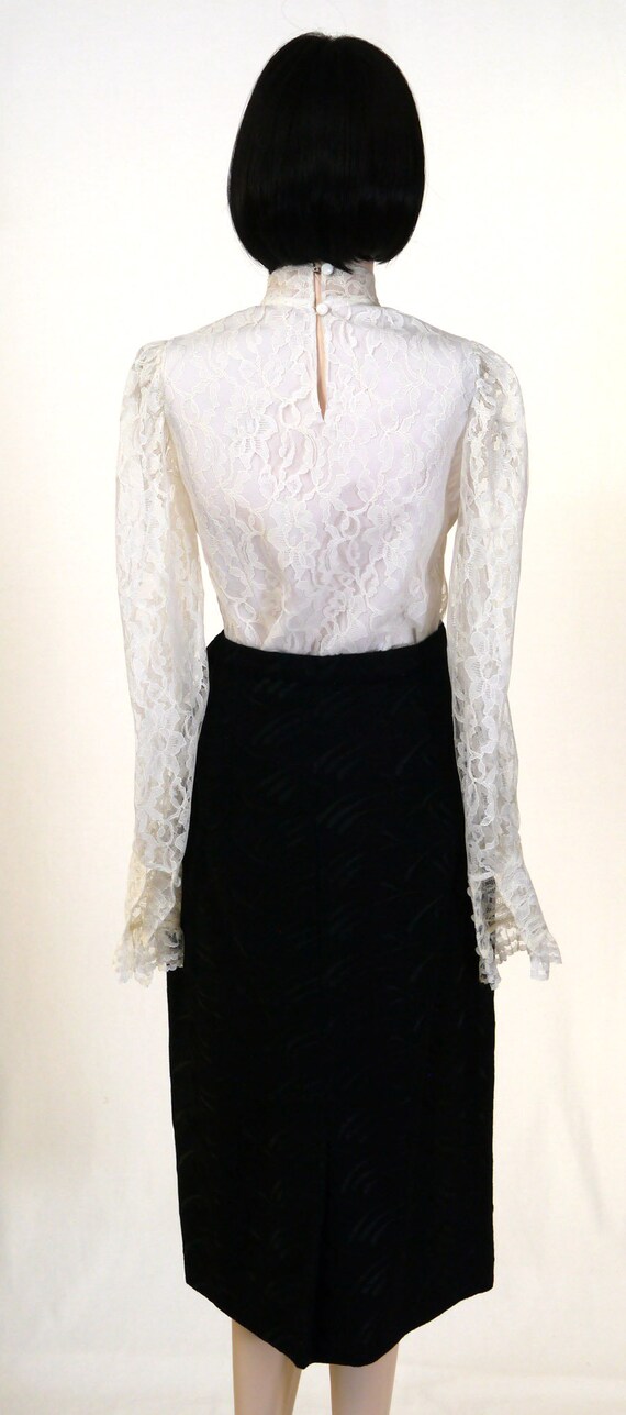 Vintage Scottish White Lace Blouse w/Jabot - Blac… - image 7